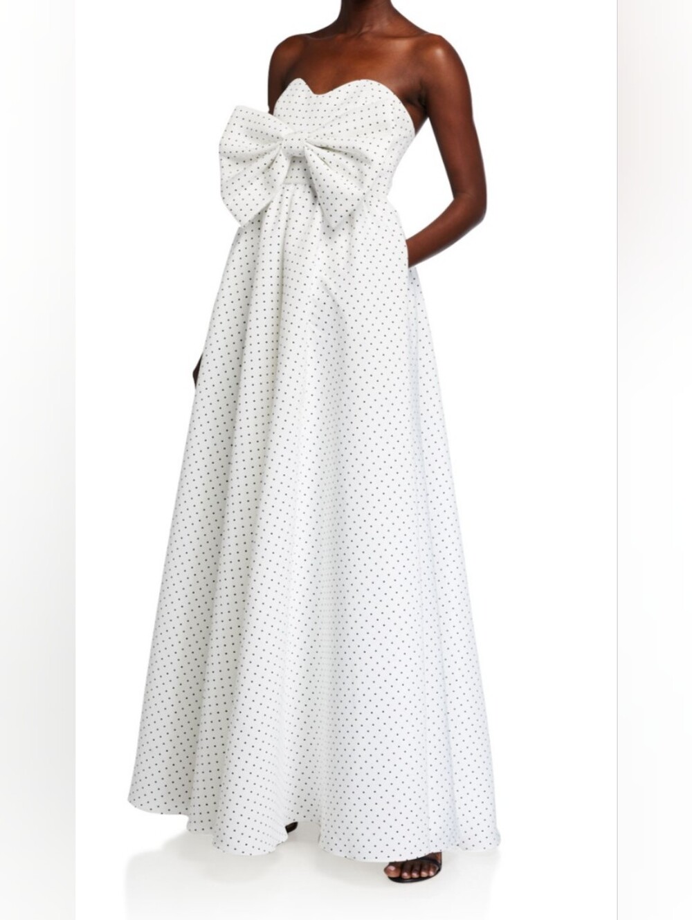 Mestiza Strapless White Polka Dot A-Line Evening Gown with Bow